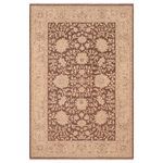 Bareens Designer Rugs - Shabby Chic Ziegler Lorretta Brown Tan Hand-Knotted Wool Rug - 6'0'' x 8'10'' - Enhance the ambiance of your home with this magnificent Persian-influenced Turkish hand-knotted rug made by skilled artisans capable of creating the most exceptional vegetable dyes and hand-spun wool. This exquisite handmade rug is a one-of-a-kind Peshawar Kafkaz, otherwise identified as Chobi, Chobi Peshawar, Oushak, or Ziegler rug. These handmade rugs are crafted in Pakistan utilizing superior-quality wool imported from Australia, New Zealand, and Korea in two types of weaves: the Persian weave and the Mori weave. This rug is meticulously crafted by hand using the finest natural vegetable dyes extracted from local plants. The artisans use a blend of hand-spun local and fine merino wool, resulting in a rug with a compelling texture, higher lanolin content, and longer staple. The artisans occasionally incorporate natural or artificial silk into the pile to enhance specific motifs. The finished product is an awe-inspiring execution of flawless design and an understated palette that exudes elegance.