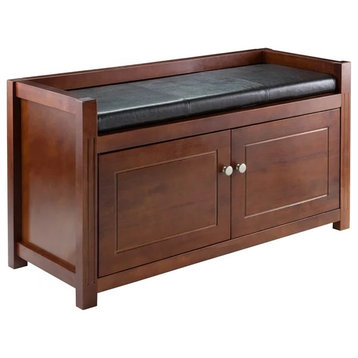 Storage Bench, Padded Faux Leather Seat With Lower Cabinets, Espresso/Walnut