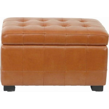 Contemporary Storage Ottoman, Square Stitched Faux Leather Upholstery, Saddle