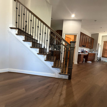New Stair Components. Ballusters Sanding and Refinishing - new LVP and Carpet