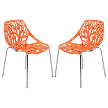 LeisureMod Modern Asbury Dining Chair With Chromed Legs, Set of 2 Orange