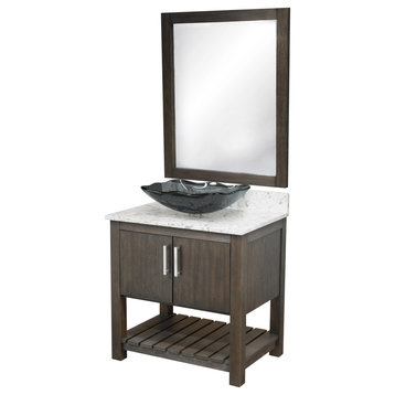 30" Vanity, Cafe Mocha Quartz Top, Vessel Sink, Drain, Mounting Ring, and P-Trap, Brushed Nickel, Mirror Included