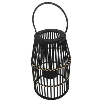 Benzara BM205185 Decorative Drum Shaped Open Cage Bamboo Lantern, Large, Black