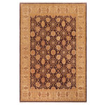 Bareens Designer Rugs - Classic Ziegler Zada Aubergine Beige Hand-Knotted Wool Rug - 7'11'' x 9'3'' - Enhance the ambiance of your home with this magnificent Persian-influenced Turkish hand-knotted rug made by skilled artisans capable of creating the most exceptional vegetable dyes and hand-spun wool. This exquisite handmade rug is a one-of-a-kind Peshawar Kafkaz, otherwise identified as Chobi, Chobi Peshawar, Oushak, or Ziegler rug. These handmade rugs are crafted in Pakistan utilizing superior-quality wool imported from Australia, New Zealand, and Korea in two types of weaves: the Persian weave and the Mori weave. This rug is meticulously crafted by hand using the finest natural vegetable dyes extracted from local plants. The artisans use a blend of hand-spun local and fine merino wool, resulting in a rug with a compelling texture, higher lanolin content, and longer staple. The artisans occasionally incorporate natural or artificial silk into the pile to enhance specific motifs. The finished product is an awe-inspiring execution of flawless design and an understated palette that exudes elegance.