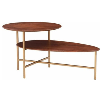 Unique Retro Coffee Table, Golden Metal Base With Dual Mango Wood Top, Natural