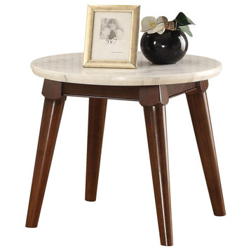 Contemporary End Table, Tapered Legs With Round Faux Marble Top, Walnut/White
