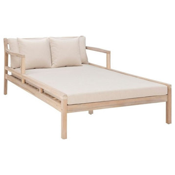 Linon Kori Outdoor Wood Double Chaise Lounger Beige Cushions in Natural Stain