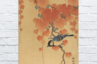 “Blue Bird, Orange Leaves”, 600mm x 800mm Birch Plywood Print