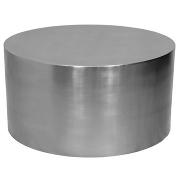 Cylinder Round Durable Metal Coffee Table, Brushed Chrome