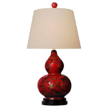 Chinese Red Lacquer Porcelain Gourd Vase Table Lamp Shade and Finial 24"