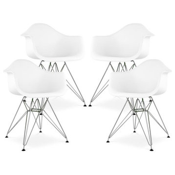 Maklaine 18 inches Plastic and Chrome Steel Armchairs in White (Set of 4)