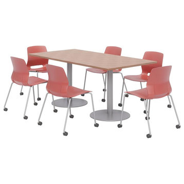 36 x 72" Table - 6 Lola Coral Caster Chairs - Cherry Top - Silver Base