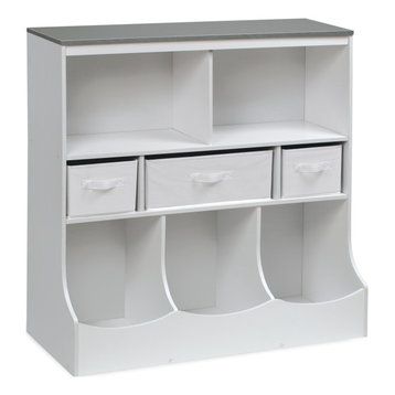 Combo Bin Storage Unit With Three Baskets, Solid White/Woodgrain Gray