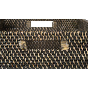 Loma Rectangular Decorative Rattan Storage Basket With Handles, Black Wash