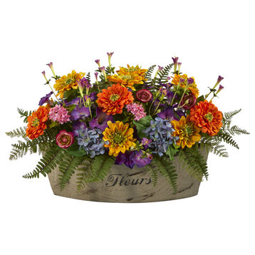18" Mixed Flowers Artificial Arrangement, Decorative Vase