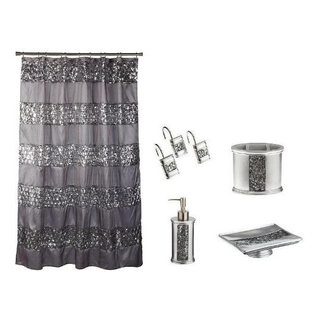 Sinatra Silver Shower Curtain, Set Of 12 Shower Hooks And 4 Piece Resin Set  - Contemporary - Bathroom Accessory Sets - by Brown's Linens and Window  Coverings