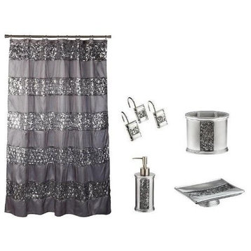 Sinatra Silver Shower Curtain, Set Of 12 Shower Hooks And 4 Piece Resin Set
