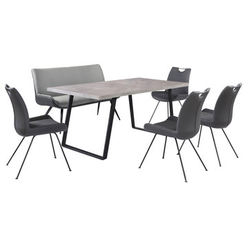 6 Pcs Dining Set, Padded Chairs & Large Table With Concrete Laminated Top, Gray
