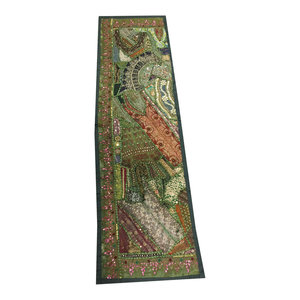 Mogul Interior - Consigned Antique Fabric, Golden Embroidered Green Sari Patchwork Tapestry - Table Runners