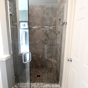 Cherry Onyx Vanity with Cambria Bellingham Countertops and Gray Tiled Shower