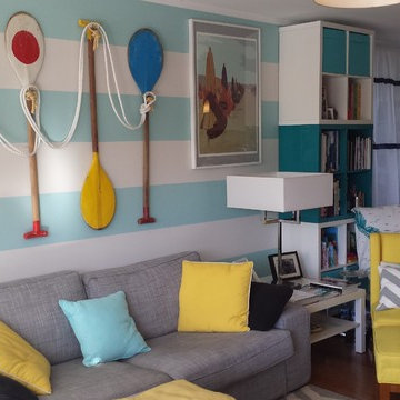 Colorful Interior design for temporary apartment overlooking Sydney Harbour