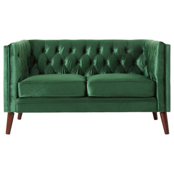 Henton Contemporary Upholstered Tufted Loveseat, Emerald/Brown, Velvet