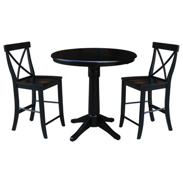 36" Round Extension Dining Table 34.9"H With 2 X-Back Counter Height Stools