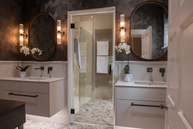Design ideas for a small contemporary ensuite bathroom in Other with flat-panel cabinets, beige cabinets, a walk-in shower, a one-piece toilet, beige tiles, ceramic tiles, beige walls, marble flooring, an integrated sink, engineered stone worktops, beige floors, an open shower, white worktops, a dado rail, double sinks, a floating vanity unit, a wallpapered ceiling and panelled walls.