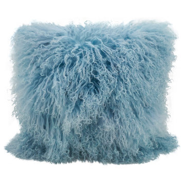 Mongolian Lamb Fur Poly Filled Throw Pillow, Ice Blue, 16"x16"