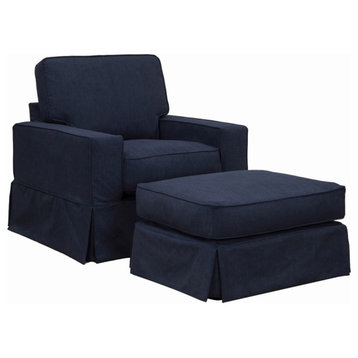 Box Cushion Track Arm Chair and Ottoman Set Fabric Navy Blue