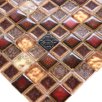 Red Beige Glass Ceramic Backsplash Tile, 12"x12"