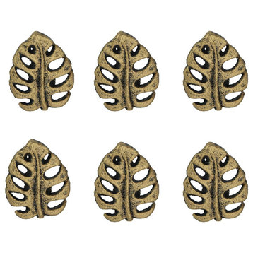 Set of 6 Gold Cast Iron Monstera Leaf Drawer Pulls Decorative Cabinet Knobs