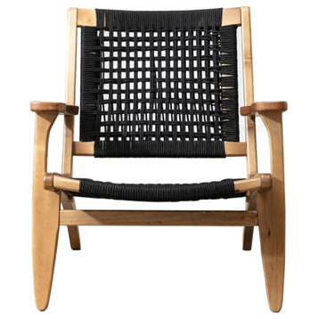 Accent Chair With Rope Woven Seat And Wooden Frame, Brown/Black