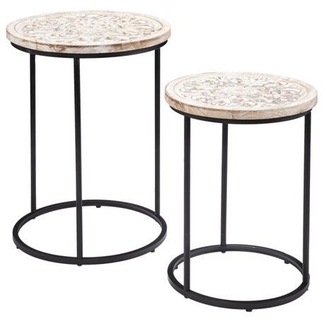 Set Of Two 25" White Solid Wood And Iron Square End Tables