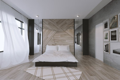 Inspiration for a mid-sized modern master light wood floor, beige floor, coffered ceiling and wallpaper bedroom remodel in Edmonton with white walls