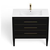 Grace Bathroom Vanity, Black With Brass Trim, 36", Single Sink, Freestanding