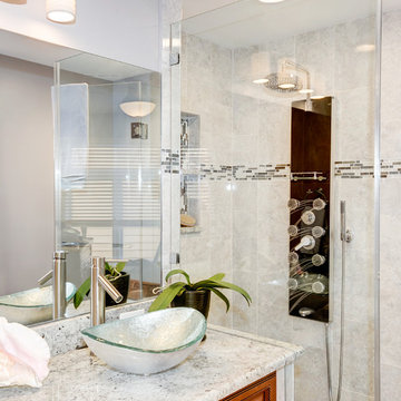Elegant Master Bathroom Remodel with Quartz-Granite Hybrid Vanity and Spa Shower