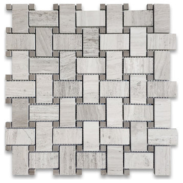 Athens Silver Cream Basketweave Haisa Wooden Beige Marble Mosaic Tile, 1 sheet