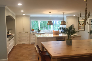 Inspiration for a large country l-shaped eat-in kitchen in Detroit with a farmhouse sink, shaker cabinets, white cabinets, quartzite benchtops, panelled appliances, medium hardwood floors, with island and brown floor.