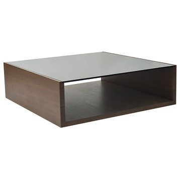 Contemporary Coffee Table With Walnut Veneer and Smoke Glass Top