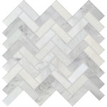 Rocky Point Tile Co - Studio Marble Polished 1x3 Herringbone Mosaic Tiles - Bianco Macchiato - Sample - You are purchasing a sample swatch of Studio Marble Polished 1" x 3" Herringbone Mosaic Tiles - Bianco Macchiato. The Studio Marble Series is stunning! It is primarily white in color with a variety of beautiful gray veining, a great addition to any project! Install this tile as the focal point of your backdrop or pair it with another tile to create a marble masterpiece! If our Studio Marble Series is what you have been searching for, we have 15 dimensions, chair rail, pencil trim and 3 dimensions in our matching Bianco and Nero look available with a touch of classy black. No matter what you are searching for, you are sure to find it here!