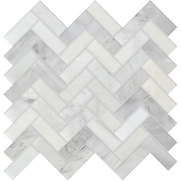 Studio Marble Polished 1x3 Herringbone Mosaic Tiles - Bianco Macchiato - Sample