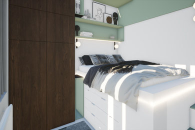 Cette image montre une petite chambre avec moquette blanche et bois avec un mur vert et dressing.