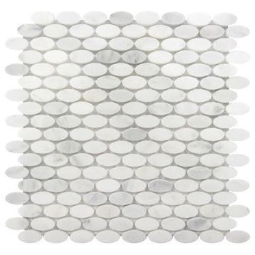 Oval Interlocking Mosaic Tile, Carrara White, 10 Sq. ft., 12"x12"
