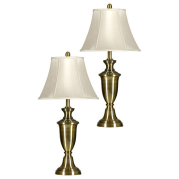 Table Lamp - Antique Brass Finish - White Softback Silk Fabric Shade - Set Of 2