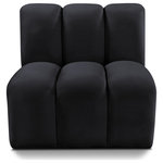 Meridian Furniture - Arc Upholstered Modular Component, Black, 1-Piece: Straight Chair, Velvet - Give your living room or den the perfect blend of style and versatility with this Arc velvet fabric curved straight chair. Part of the Arc modular furniture collection, this sofa comes upholstered in rich black velvet fabric and features deep channel tufting that adds a touch of luxury while enhancing comfort and support. A seamless combination of form and function, this chair can be used with other Arc pieces to create a myriad of configurations in your well-curated room.