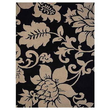 Hand Tufted Wool Area Rug Floral Black Cream, [Rectangle] 8'x10'