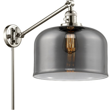 X-Large Bell 1 Light Swing Arm or Wall Lamp, Polished Nickel, Plated Smoke Glass