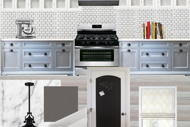Inspiration for a mid-sized transitional light wood floor kitchen remodel with a farmhouse sink, blue cabinets, marble countertops, white backsplash, ceramic backsplash and stainless steel appliances