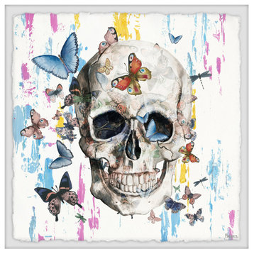 "Colorful Happy Butterfly Skull" Framed Painting Print, 18"x18"